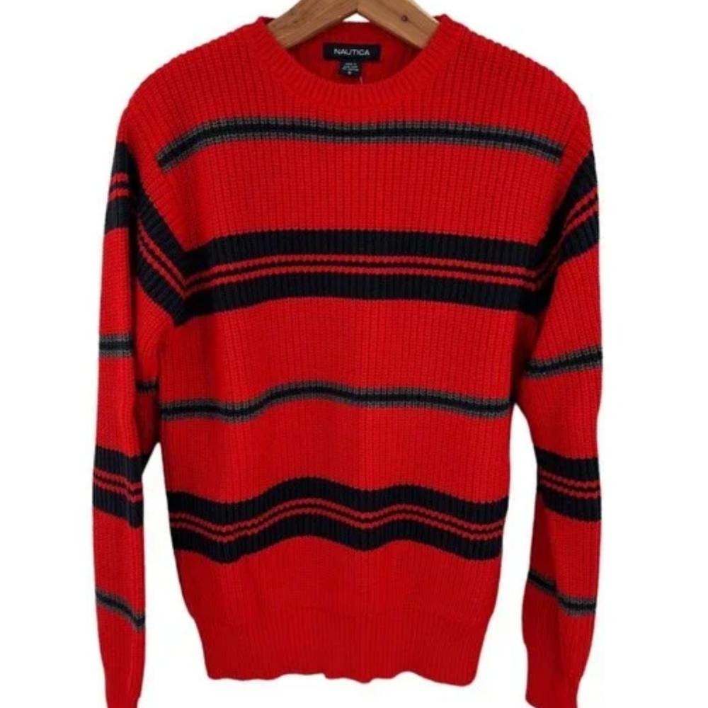 Nautica Sweater Pullover Crew Neck Ribbed Cotton Knit Long Sleeve Stripped L VTG